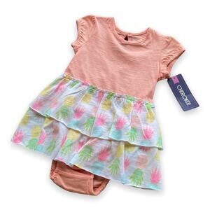 Cherokee Girls Dress Bloomers Set Size 3-6 Mo Coral Print Pineapple Neon NEW